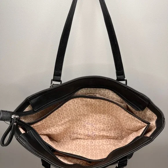 Y2K-era Guess Black Embossed Logo Tote Handbag Shoulder Bag - Picture 4 of 12